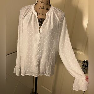 Forever 21 F21 Elegant White Button-Down Blouse sheer ruffle dots large L